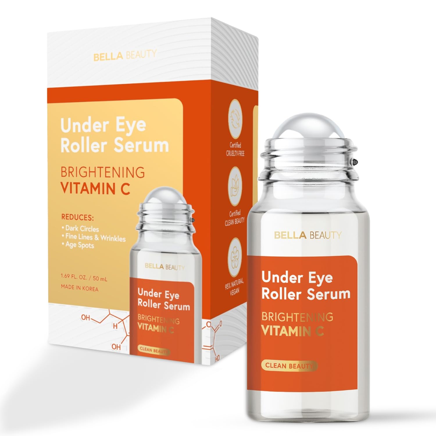 Bella Beauty Vitamin C Under Eye Roller Serum - Dermatologist Tested, Anti Aging, Korean Skin Care - Helps Minimize Dark Circles, Puffiness, Fine Lines - Vegan, Clean Beauty, Cruelty Free - Pack of 2
