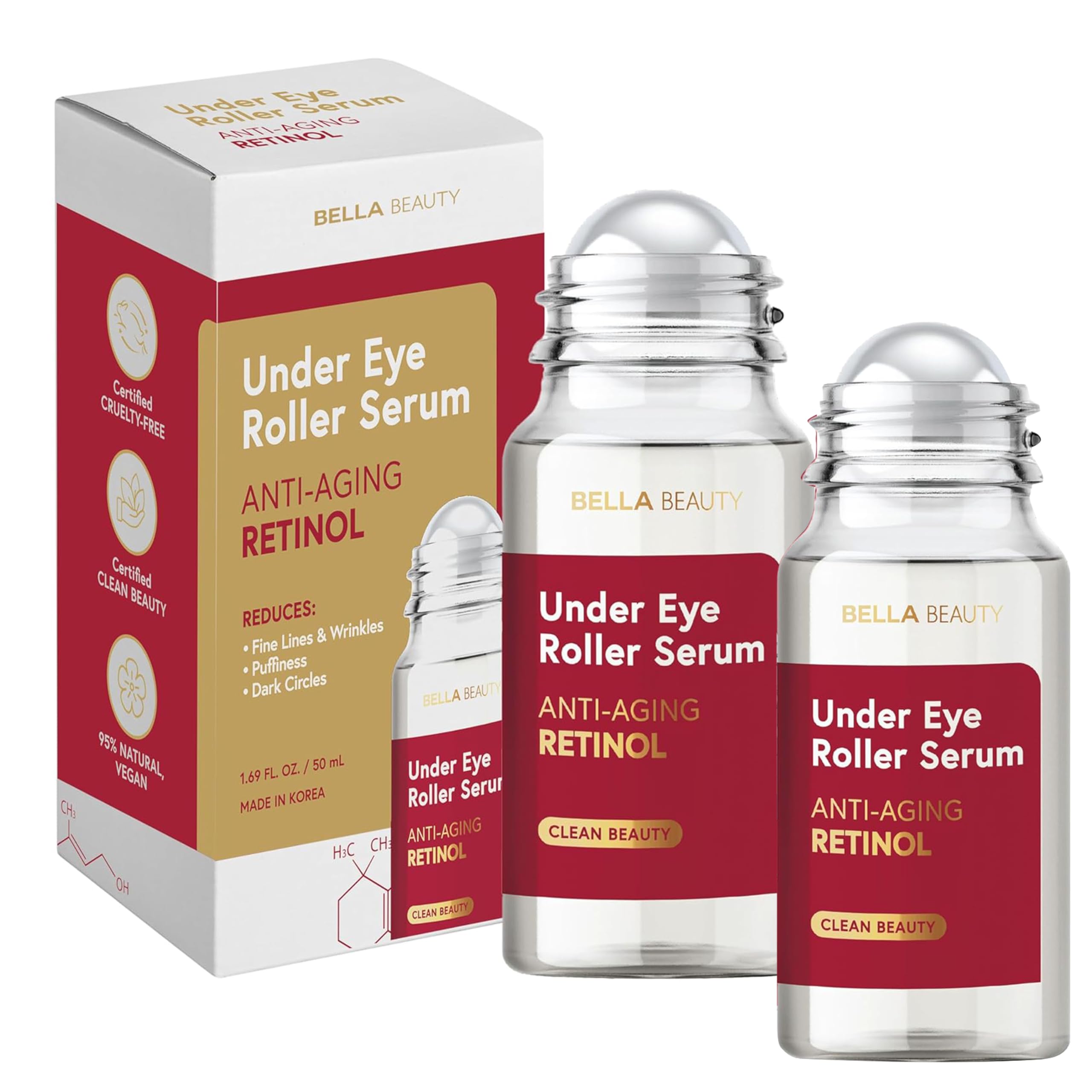 Bella Beauty Vitamin C Under Eye Roller Serum - Dermatologist Tested, Anti Aging, Korean Skin Care - Helps Minimize Dark Circles, Puffiness, Fine Lines - Vegan, Clean Beauty, Cruelty Free - Pack of 2