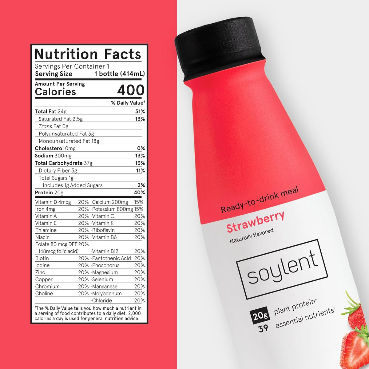 Soylent Strawberry Meal Replacement Shake, Ready-to-Drink Plant Based Protein Drink, Contains 20g Complete Vegan Protein and 1g Sugar, 14oz, 12 Pack