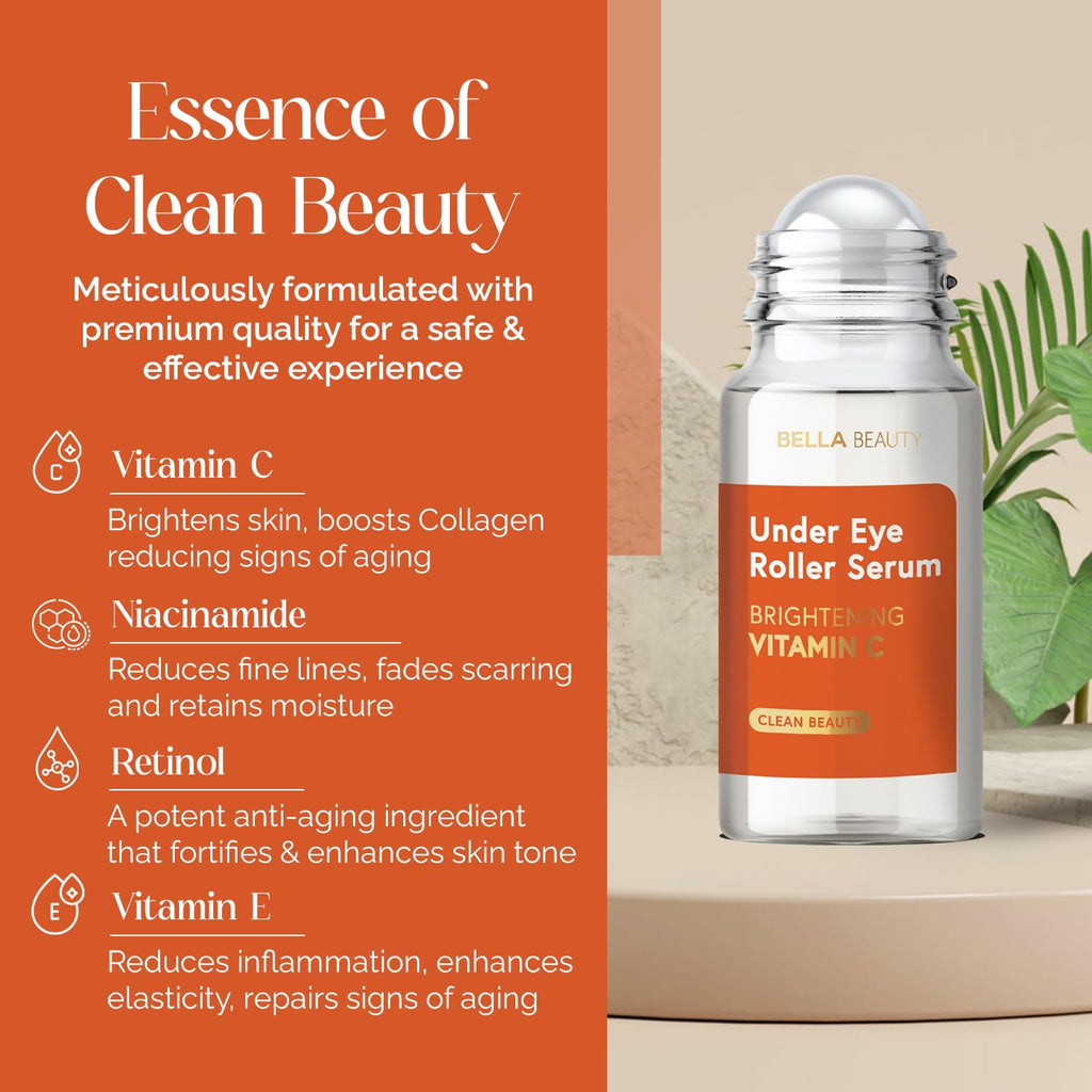 Bella Beauty Vitamin C Under Eye Roller Serum - Dermatologist Tested, Anti Aging, Korean Skin Care - Helps Minimize Dark Circles, Puffiness, Fine Lines - Vegan, Clean Beauty, Cruelty Free - Pack of 2