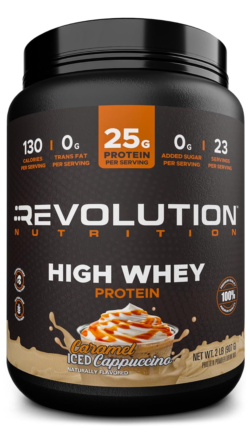 Revolution Nutrition, High Whey, Protein Powder 2LB, Whey Isolate, Gluten Free, Lean Muscle Mass for Men & Women, 25g of Protein Per Scoop, 908 g, 24 Servings (Caramel Iced Cappuccino, 2 Pound)