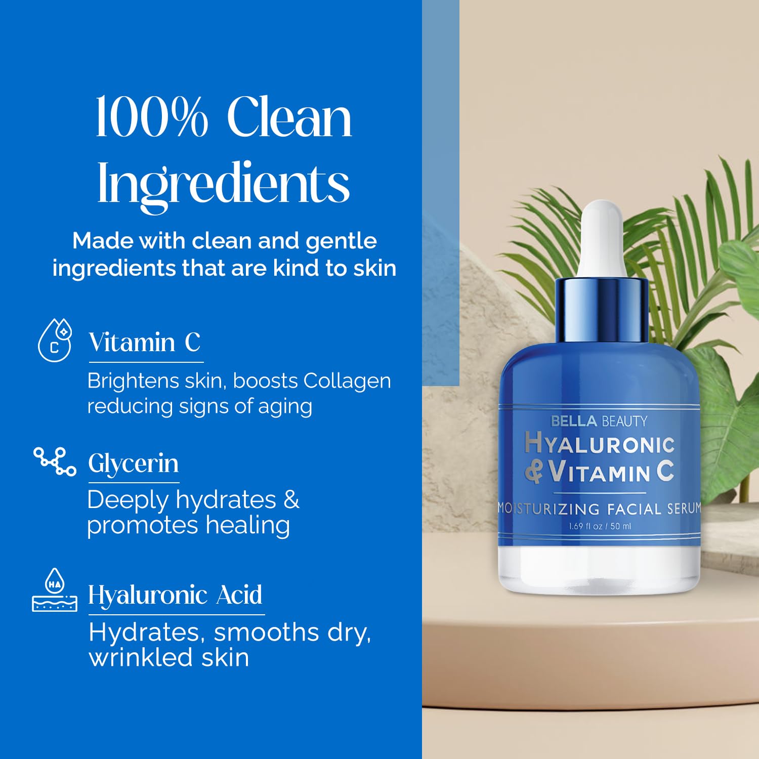 Bella Beauty Hyaluronic Acid & Vitamin C Moisturizing Facial Serum - Hydrating, Reduces Fine Lines & Wrinkles - Dermatologist Tested, Korean Skin Care for All Skin Types - 1.69 Fl. Oz (2 Pack)