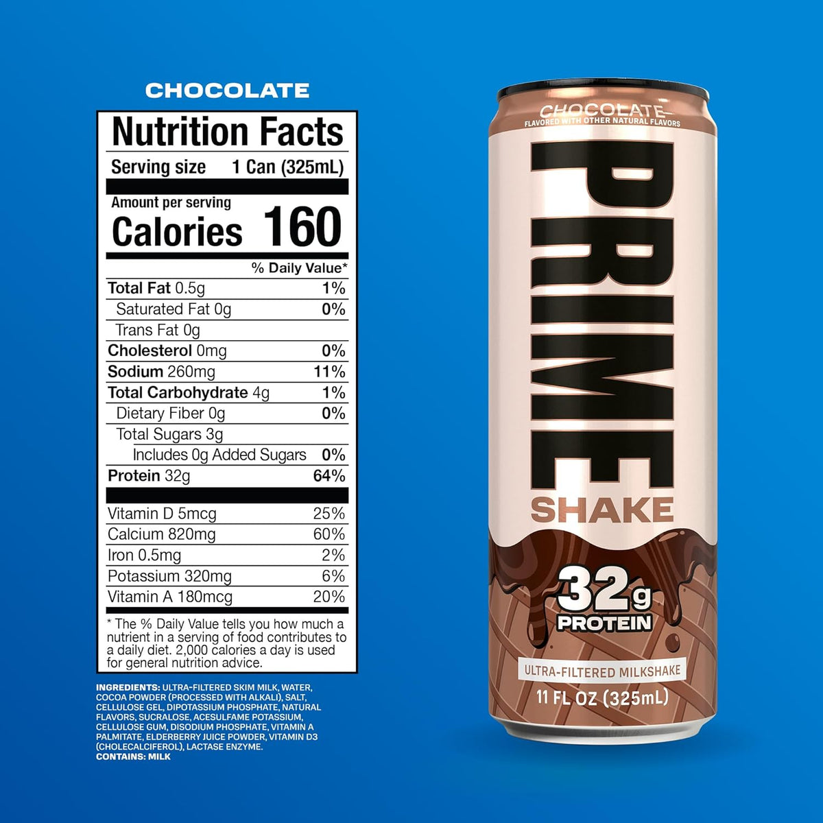 PRIME Shakes, Chocolate, 32g Protein Shake for Muscle Support & Recovery, Ultra-Filtered Milk, Lactose Free, Low Sugar, Low Calorie, Ready to Drink, 11 fl oz, 12 Pack