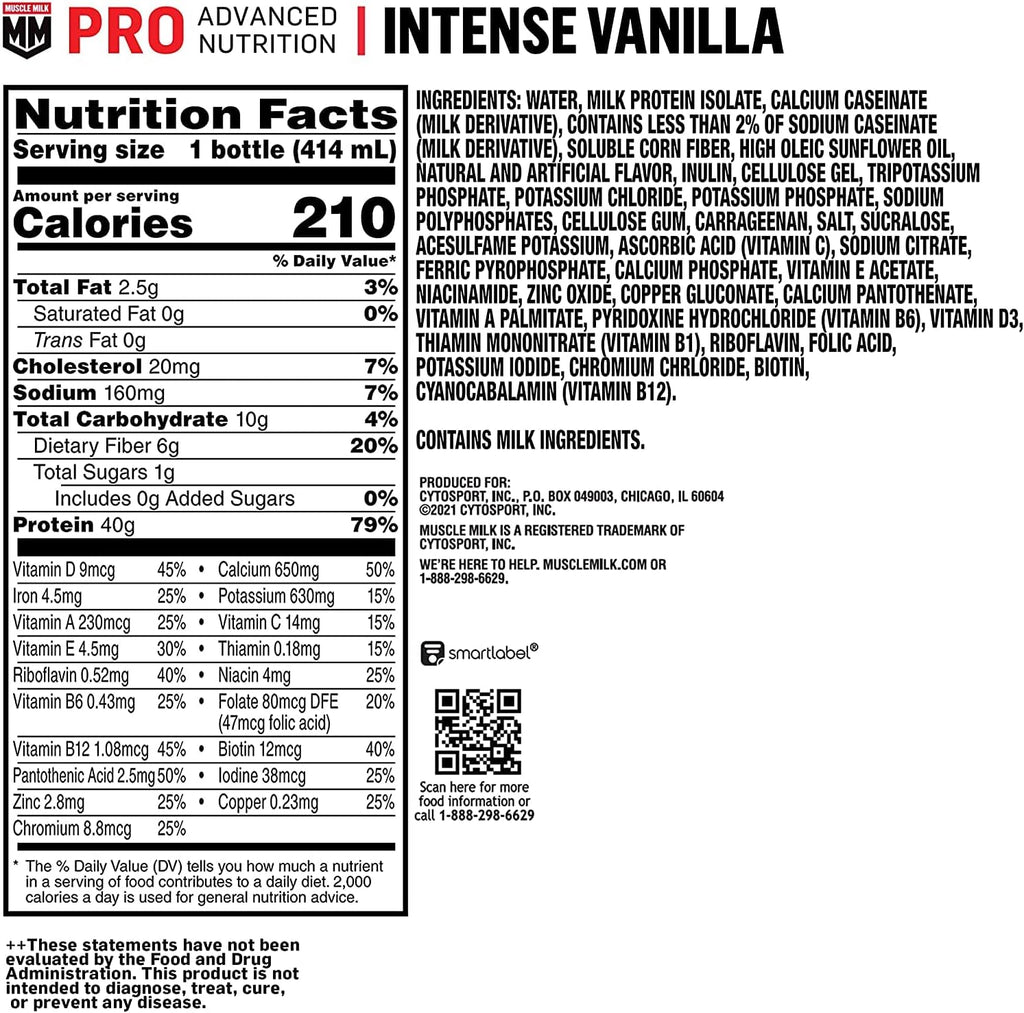 Muscle Milk Pro Advanced Nutrition Protein Shake, Intense Vanilla, 14 Fl Oz Bottle, 12 Pack, 40g Protein, 1g Sugar, 16 Vitamins & Minerals, 6g Fiber, Workout Recovery, Packaging May Vary